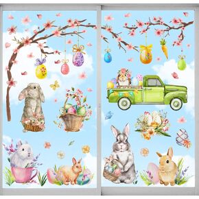 6 Sheets Easter Window Clings Watercolor Easter Bunny Eggs Tree Window Decals Double-Sided Seasonal Spring Window Decor for Home Office School Shop Glass Display