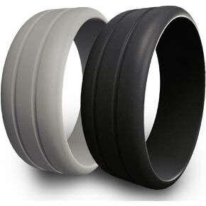 Silicone Wedding Ring 2 Piece Set for Active Men-Double Debossed Wedding Ring Pack- Black and Grey