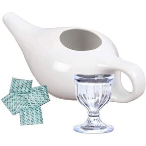 Ceramic Neti Pot for Nasal Cleansing | Ceramic Neti Pot + Plastic Eye Wash Cup | Natural Treatment for Sinus Infection and Congestion | Ceramic Neti Pot + 10 sachet Neti salt ,Instructions Leaflet