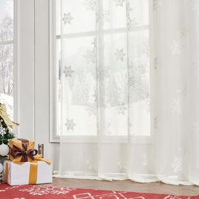 jinchan Christmas Curtains White Snowflake Embroidered Sheer Curtains 63 Inches Length Light Filtering Xmas Backdrop Window Curtains for Living Room 2 Panels Set Bedroom Rod Pocket Curtains