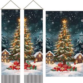 AHANDMAKER 2Pcs Christmas Theme Tapestry, Christmas Tree Long Vertical Tapestry Wall Hanging, Snowflake Gift Boxs Tassel Wall Tapestry Aesthetic Tapestry for Bedroom and Living Room(45.7x13 Inch)