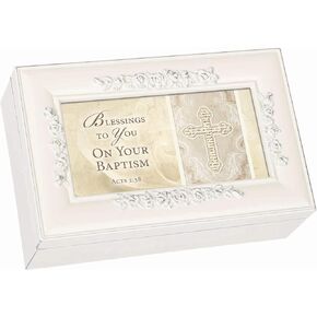Cottage Garden Blessings to You on Baptism Cross Ivory Petite Jewelry Music Box Plays Jesus Loves Me