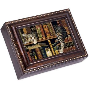 Cottage Garden Sleeping Cat On a Bookshelf Burlwood Rope Trim Jewelry Music Box Plays Canon in D