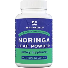 Zen Principle Organic Moringa Oleifera. Ultra-Premium. Provides an All Natural Energy Boost and Multi-Vitamin. A Raw Superfood, Vegan, No GMO and Gluten Free. 180 Capsules.