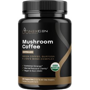 100% Organic Mushroom Coffee Alternative - Organic Lion's Mane Mushroom Supplement with Patented Guayusa & Green Coffee Bean Extract for Long-Lasting Jitter-Free Energy and Focus - 60 Capsules