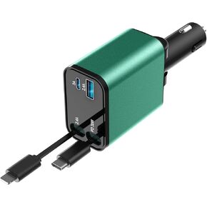 Retractable Car Charger, 4 in 1 Fast Car Phone Charger, Car Charger Adapter with 2 Retractable Cords 2.6ft & 2 USB Ports, Compatible with iPhone 15/14/13/12/11 Series, Galaxy, Pixel