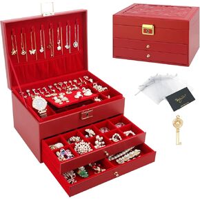 DesignSter Jewelry Box,Jewelry Organizer with 2 Drawers, 3 Layers Leather Jewelry Storage Box with Lock, Jewelry Storage Case for Necklaces Earrings Bracelets and Rings（Black）
