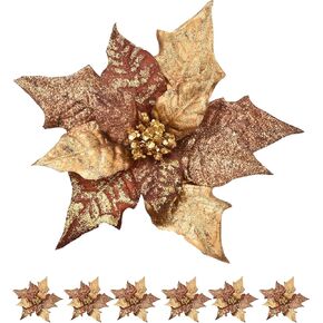 6pcs Artificial Christmas Poinsettias for Decoration, Glitter Flower Christmas Tree Ornaments Wedding Holiday Wreath Garland Decor with Clip(Champagne Gold)