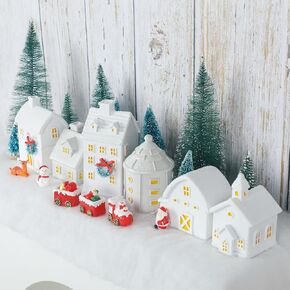 Soaoo 32 Pcs Christmas Village Sets Lighted LED Christmas Village Houses Christmas Trees Resin Miniature Christmas Village Scene Desktop Ornament Snow Blanket Artificial Snow Bow Garland