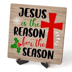 Christmas Desk Decor Sign, Christmas Decorations Indoor, Jesus Is The Reason For The Season Sign For Home Room Table, Winter Christmas Gifts For Family Friend Coworker, Wooden Sign With Stand, SD02
