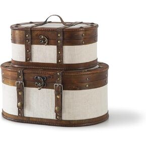 حقيبة قطار Soul & Lane العتيقة - مجموعة من 2، صناديق تخزين خشبية مغطاة بالقماش العتيق مع أغطية مفصلية، صندوق خشبي مزخرف على الطراز القديم، صندوق ذاكرة للتذكارات وديكور المنزل in Kuwait
