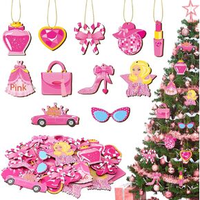36 Pcs Princess Pink Christmas Ornaments for Tree Cute Wooden Hanging Party Decoration with Rope and Holes for Party Supplies Christmas Decorations Gifts for Girls