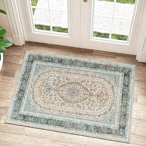 5x7 Area Rugs Washable,Blue Rug for Living Room Bedroom Kitchen,Large Boho Vintage Bohemian Distressed Oriental Carpet Non Slip,Floral