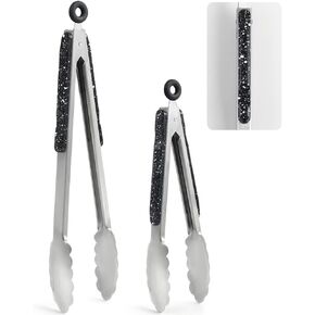Stainless Steel Kitchen Cooking Tongs, 9" and 12" Set of 2 Sturdy Grilling Barbeque Brushed Locking Food Tongs with Ergonomic Grip, Black,tongs for cooking