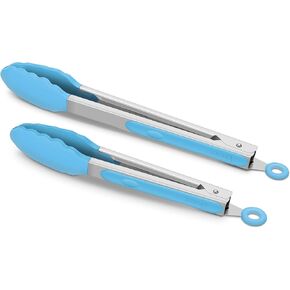 9-Inch & 12-Inch Cooking Tongs, Premium Silicone Set of 2 BPA Free Non-Stick Stainless Steel BBQ Grilling Locking Food Tong, Aqua Sky