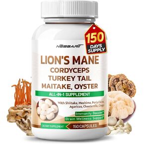 Lion's Mane 12,000mg Supplement - 12-in-1 Natural Blend with Cordyceps Turkey Tail Maitake Oyster Shiitake Meshima Poria Cocos - 150 Count - Made & Tested in The USA