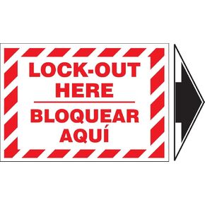 Accuform SBLSPS509VSP Spanish Bilingual Adhesive Vinyl Safety Label, Legend "Lock-Out HERE/BLOQUEAR AQUI" with Arrow, 3.5" Length x 5" Width x 0.004" Thickness, Red on White (Pack of 5)