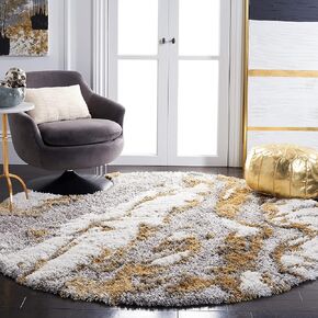 SAFAVIEH Horizon Shag Collection Area Rug - 5' Round, Grey & Gold, Modern Abstract Design, Non-Shedding & Easy Care, 2.6-inch Thick Ideal for High Traffic Areas in Living Room, Bedroom (HZN890D)