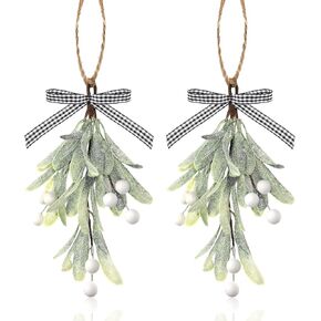 Dilunave Artificial Mistletoe Pick Buffalo Plaid Bow White Berries Mistletoe Kissing Ball Christmas Mistletoe Hanging Ornament Christmas Tree Ornaments for Christmas Party Tree Decorations (2 Pieces)