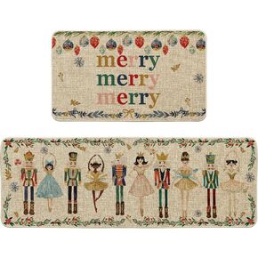 Artoid Mode Watercolor Nutcrackers Merry Christmas Decorative Kitchen Mats Set of 2, Home Party Low-Profile Kitchen Rugs - 17x29 and 17x47 Inch