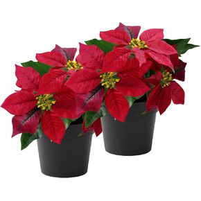 2 Pack Poinsettias Artificial Christmas Flowers Small Red Poinsettia Plant Artificial 9 Inch Faux Winter Flowers for Porch Home Garden Decorations Indoor Outdoor Xmas Ornament