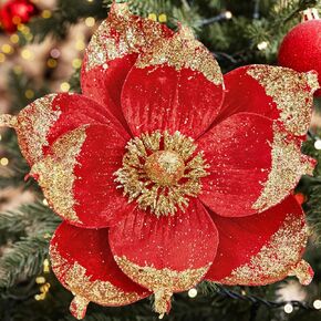 Serwalin 8" Large Christmas Flowers, 6Pcs Glitter Hot Pink Christmas Magnolia Flowers Christmas Tree Ornaments, Artificial Velvet Poinsettia for Xmas Trees Wedding Party New Year Decoration