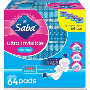 Saba Ultra Invisible Ultra Thin Long Pads with Wings | Discreet & Breathable Heavy Flow Pads for Women | Perfect Fit for All Body Types & Underwear Styles | 64 Pads (4 Packages, 16 Pads Each)