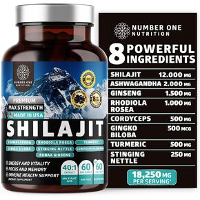 Pure Himalayan Shilajit for Women and Men 18250MG [50% Fulvic Acid] Better than Resin with Ashwagandha, Ginseng, Turmeric, Gingko Biloba, Stinging Nettle, Cordyceps to Support Energy & Stamina, 60Caps