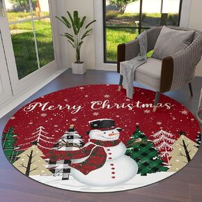 Christmas Snowman Round Area Rugs 5 ft Diameter Indoor Mats Farmhouse Happy New Year Red Truck Snowflake Xmas Tree Soft Living Room Bedroom Unique Carpet Woman Yoga Mat Home Decor
