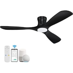 52in Smart Low Profile Ceiling Fans with Lights Remote,Quiet DC Motor,Outdoor Indoor Flush Mount Ceiling Fan,Control with WIFI Alexa App,Dimmable,6-speed,3 White Wood blades,for Modern Bedroom Patio