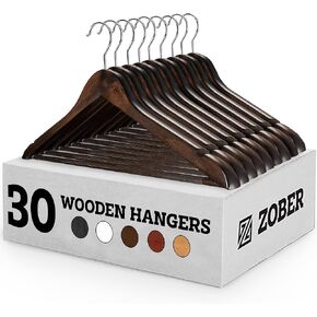 ZOBER 30 Pack, Heavy Duty, Non Slip Wooden Hangers for Coats, Jackets, Suits, & Pants - Clothes Hangers for Closet W/Bar and Notches
