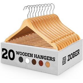 ZOBER 30 Pack, Heavy Duty, Non Slip Wooden Hangers for Coats, Jackets, Suits, & Pants - Clothes Hangers for Closet W/Bar and Notches