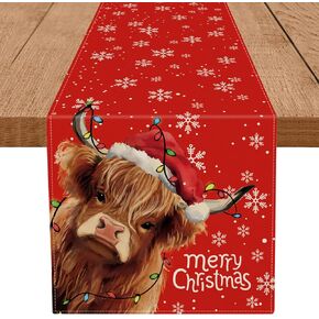 Merry Christmas Table Runner Cow Snowflake Red Table Decoration for Home Seasonal Winter Xmas Holiday Indoor Kitchen Dining Decor 13x72 Inch