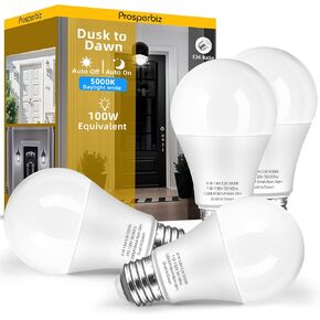 Dusk to Dawn LED Outdoor Light Bulb 100 Watt Equivalent, 13W Automatic On/Off Sensor Light Bulb Daylight 5000K, 1200LM, A19 Dusk to Dawn Light Bulbs for Porch Garage Outdoor Lighting, 4 Pack