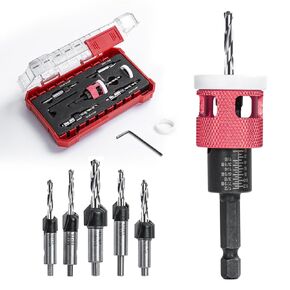 5 Pcs Countersink Drill Bit Set with Low Friction Depth Stop,1/4" Hex Shank,HSS M2 Tapered Bits 1/8" 9/64" 5/32" Drill+3/8" 82° Counter-Bore,11/64" 3/16" Drill+ 1/2" 82° Counter Bore (Red)