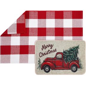 2 Pcs Christmas Door Mat Combo Set 24" x 35" Red and White Buffalo Plaid Rug 15" x 28" Merry Christmas Truck Door Mat Xmas Front Door Entrance Mat for Outdoor Porch Holiday Decoration