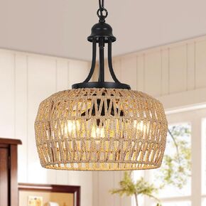 HMVPL Large Farmhouse Chandeliers for Dining Room, 5-Light Rattan Boho Chandelier Light Fixture with Wicker Lampshade, Coastal Hanging Pendant Lighting for Kitchen Island Bedroom Living Room Nursery