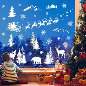 decalmile Christmas Santa Claus Reindeer Window Clings Reusable Winter Forest Pine Tree Animals Window Decals Double Side Printed Window Stickers Glass Door Party Decoration