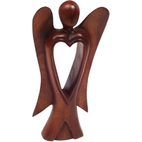 NOVICA Artisan Handmade Wood Figurine of Angel with Heart Feature Brown Indonesia Sculpture Christmas [9.75in H x 5in W x 1.8in D] 'Heart of an Angel'