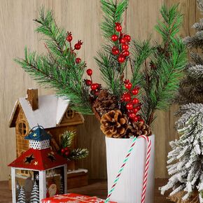 Dingion 8 Pcs Christmas Berries Pine Picks 20 Inch Artificial Christmas Pine Picks Flowers Fake Pine Branches Faux Pine Stem with Pinecones for Xmas Tree Wreath DIY Craft Floral Arrangement Holiday