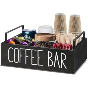 Coffee Station Organizer for Countertop, Wooden Coffee Bar Organizer with Handle, Farmhouse Coffee Bar Accessories Organizer, Coffee and Tea Condiment Storage Organizer (White)