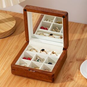 Travel Size Jewelry Box Small Portable Walnut Wood Travel Jewelry Case with Removable Layer Mirror Durable Mini Jewelry Organizer -White