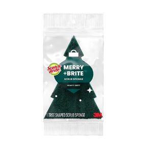 Scotch-Brite Merry + Brite Heavy Duty Holiday Scrub Sponge, Two-Sided Dish Sponge with Festive Pine Tree Shape, Christmas Kitchen Sponge