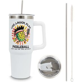 30oz Pickle Ball Tumbler with Handle and Straw Lid, Live Laugh Play Pickleball Theme, Inspirational Gifts for Men Women Players, Insulated Stainless Steel for Temperature Shield