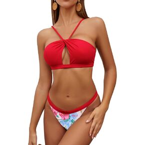 SHEKINI Women's Cutout Bandeau Bikini Set Print Low Waisted Bottom 2 Piece Swimsuit