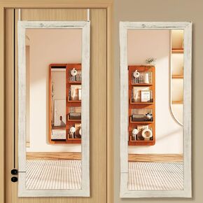 Over The Door Mirror for Wall or Door Mount, 47"x18" Full Length Mirror, Wooden Frame Rectangular Dressing Mirror Hanging with 2 Metal Hangers for Bedroom, Bathroom, White