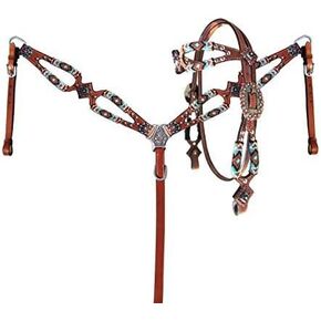 Showman Turquoise & Orange Beaded Leather Headstall & Breast Collar Set