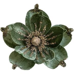 6 Pcs Christmas Glitter Magnolia Flower Artificial Poinsettia Magnolia Flowers with Stem 9.4inch Christmas Tree Magnolia Flowers for Xmas Wedding Holiday Decor Wreath Garland Photo Prop (Green)