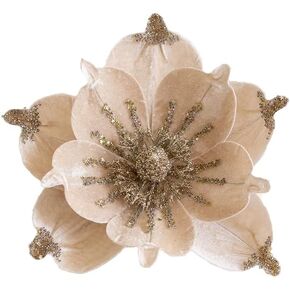 6 Pcs Christmas Glitter Magnolia Flower Artificial Poinsettia Magnolia Flowers with Stem 9.4inch Christmas Tree Magnolia Flowers for Xmas Wedding Holiday Decor Wreath Garland Photo Prop (Green)
