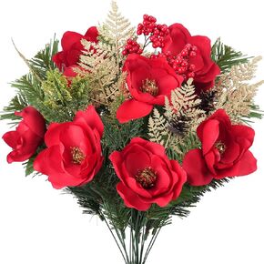 20" Christmas Flowers Artificial Magnolia Bouquet Faux Christmas Flowers Arrangements with Glitter Pine Cone Cemetery Flowers for Grave Table Centerpiece Home Kitchen Decor (2PCS)